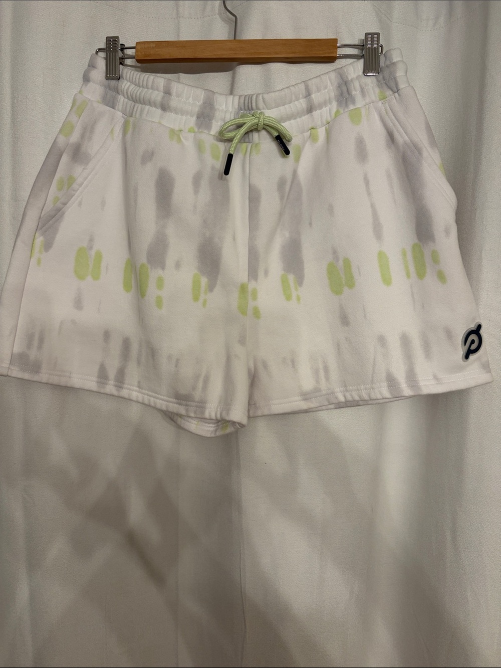 Peloton White Tie-Dye Athletic Shorts with Lime Drawcord